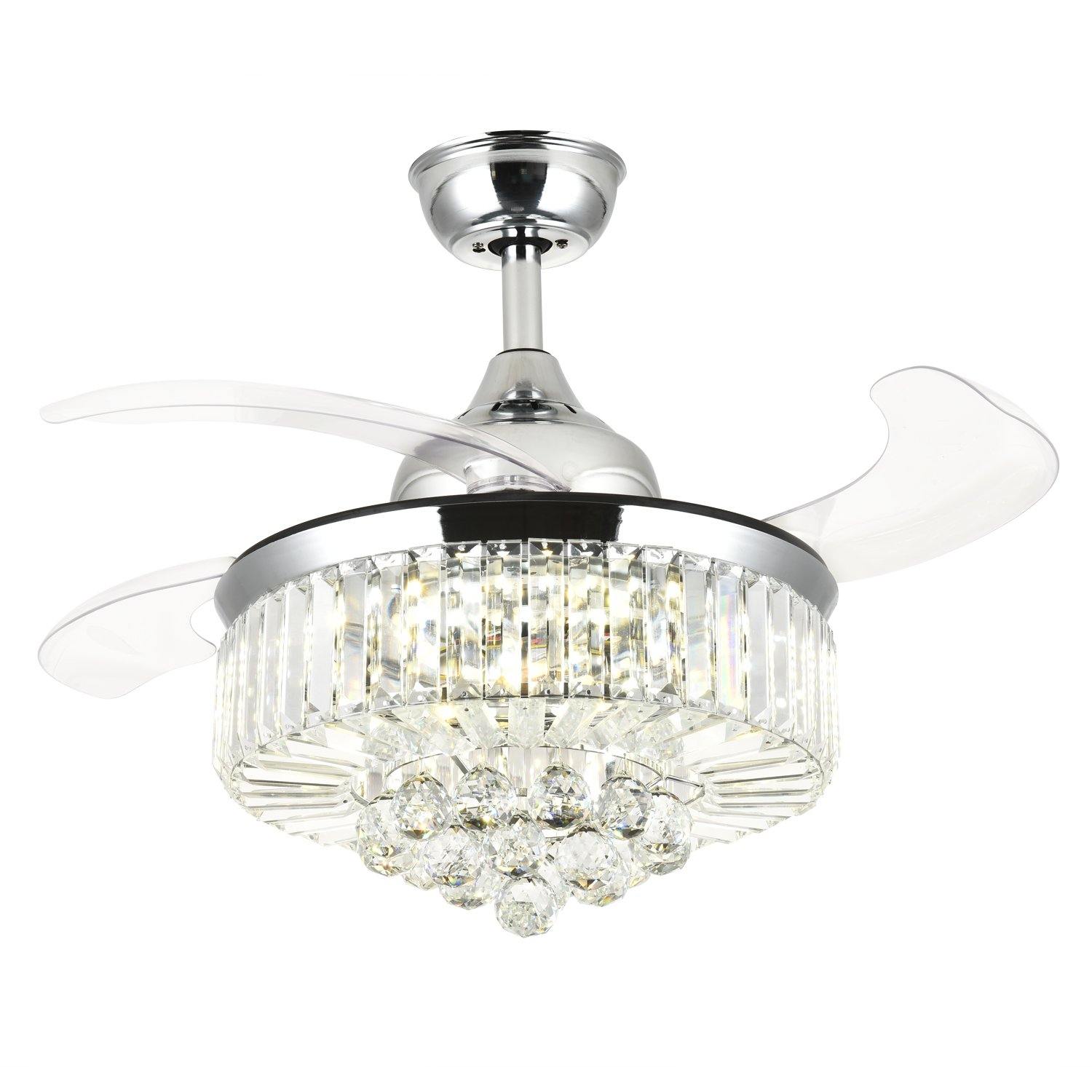 Crystal Ceiling Fans with Retractable Blades and Dimmable Lights, 36 Chrome